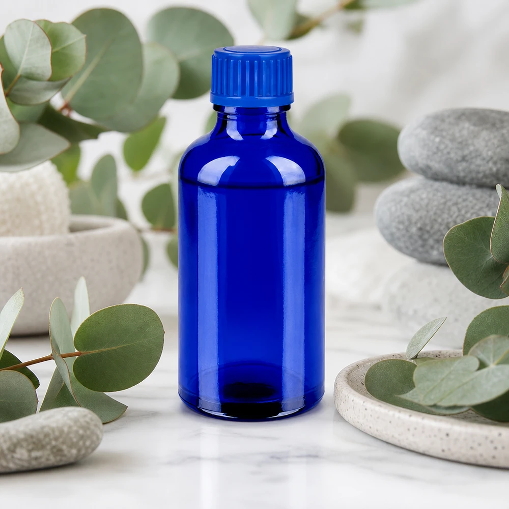 50ml lahvička 11mm se šroubovacím uzávěrem modrá Standard BlueLine UT18/50 Vielseitige 50ml blaue Glasflasche mit 11mm Öffnung perfekt für DIY-Projekte und Mischungen
