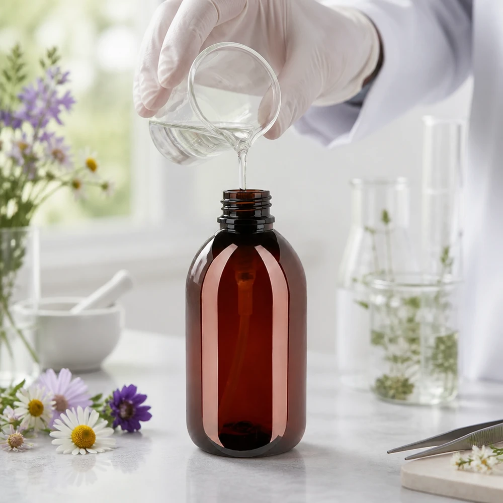 PET láhev 250ml s dávkovací pumpičkou bílá Robuste 250ml PET Flasche bernsteinfarben mit weisser Pumpe für Naturkosmetik Herstellung