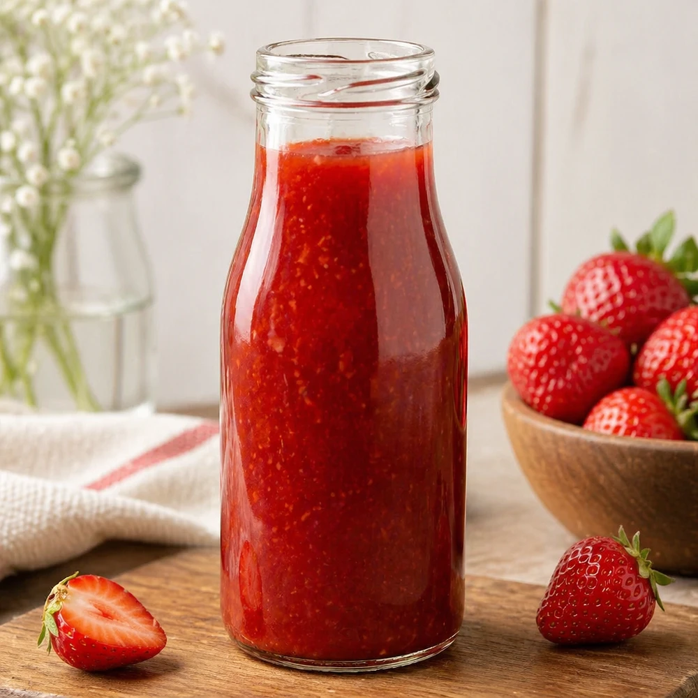 Láhev 150 ml bez víčka (TO43) UNiTWIST UNiTWIST Bottle150 Glasflasche 150ml TO43 mit Erdbeersaft gefüllt neben frischen Erdbeeren auf Holztisch
