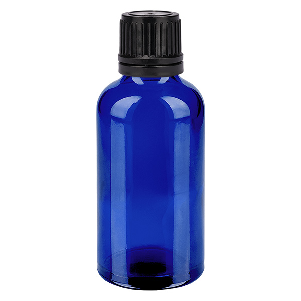 50ml globulov&#225; l&#225;hev 8mm nal&#233;vac&#237; krou&#382;ek &#269;ern&#253; tamper-evidentn&#237; uz&#225;v&#283;r Modr&#225;L. UT18/50