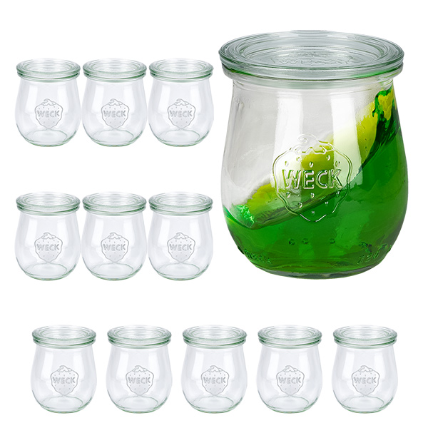 Sada 12 tulipánových sklenic Weck o objemu 220 ml s 12 skleněnými víčky.