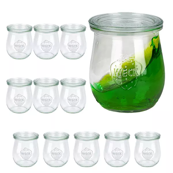 Sada 12 tulipánových sklenic Weck o objemu 220 ml s 12 skleněnými víčky. Sada 12 tulipánových sklenic Weck o objemu 220 ml s 12 skleněnými víčky.
