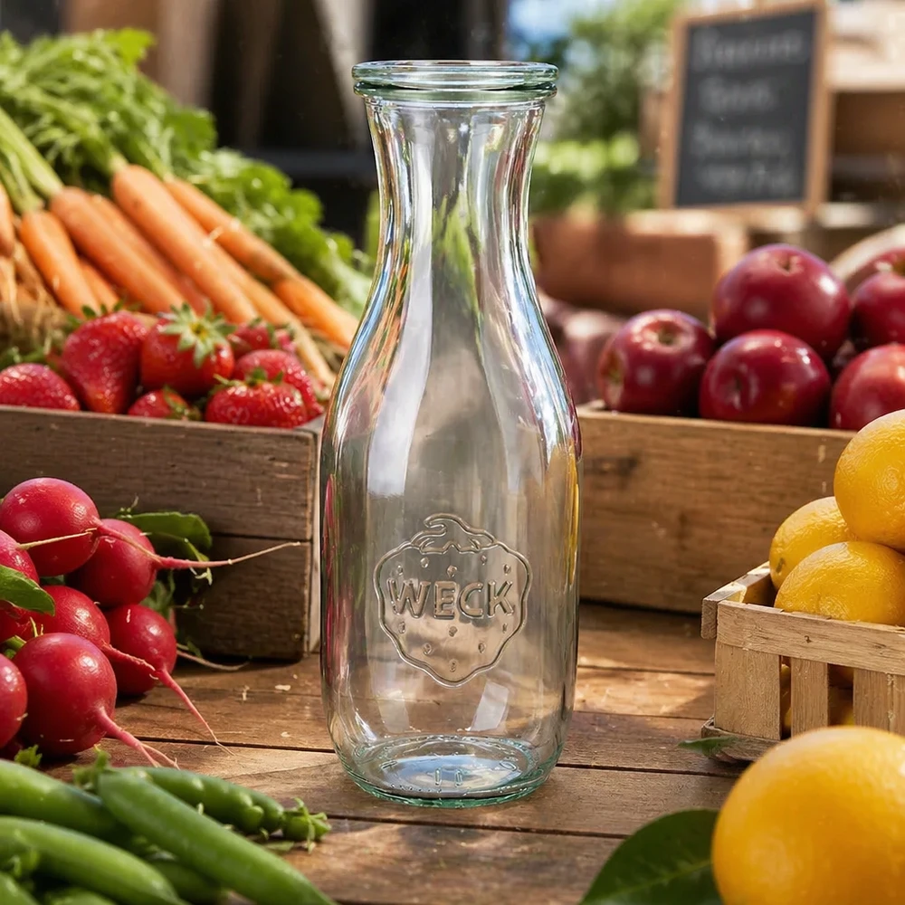 1062ml láhev na šťávu se skleněným víčkem WECK RR60 WECK Saftflasche 1062ml transparent leer auf Holztisch mit frischem Obst Gemüse Radieschen Karotten Zitronen Äpfel