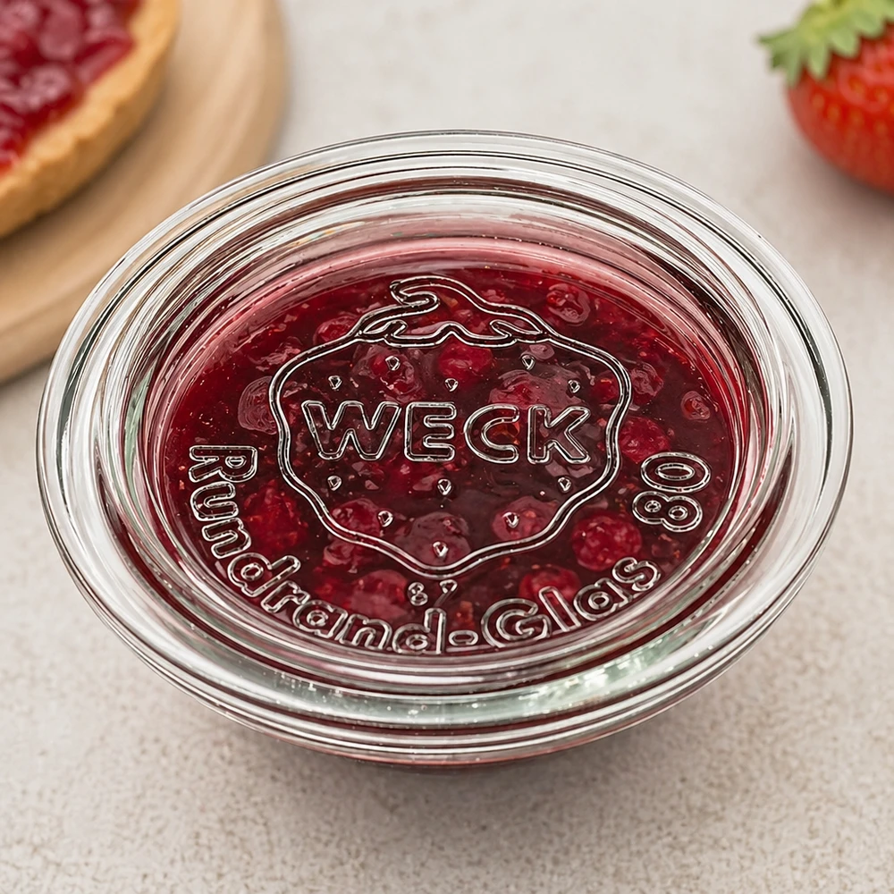 Víko na zavařování WECK RR80 WECK Glasdeckel RR80 mit Marmelade befüllt zeigt praktische Verwendung als Schale für Konfitüre und Aufstriche