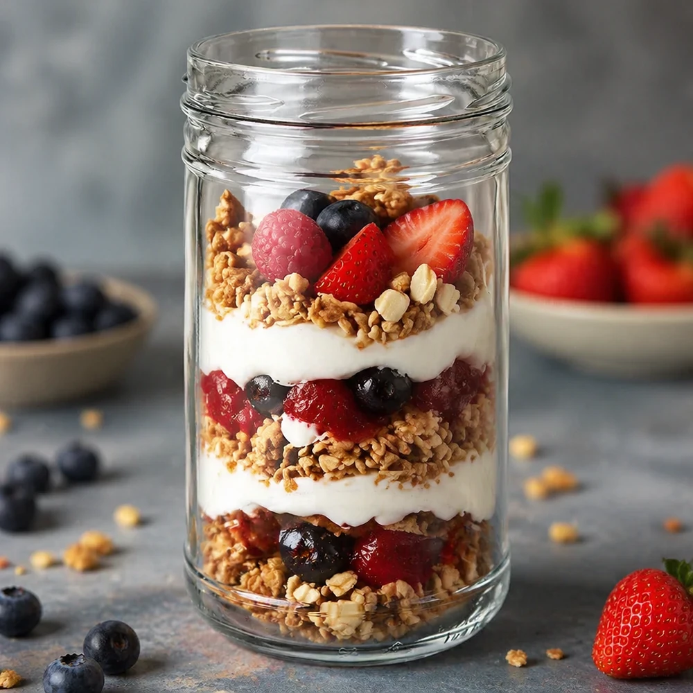 Nádobky o objemu 1053 ml bez víčka (TO100) UNiTWIST UNiTWIST Sturzglas 1053ml TO100 gefüllt mit Joghurt Müsli Beeren Schichtdessert als Anwendungsbeispiel Küche