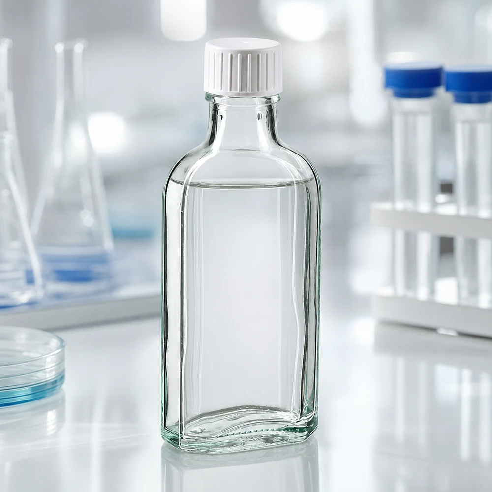 100 ml čirý šroubovací uzávěr Meplat s nalévacím kroužkem. Kleine flache Klarglasflasche 100ml mit weißem Schraubdeckel und Ausgießhilfe Meplat