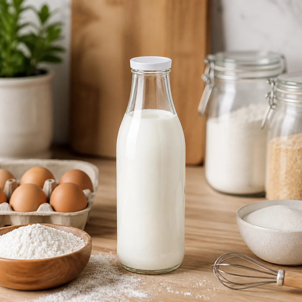 1000ml skleněná láhev + víčko BasicSeal bílé UNiTWIST 1000ml Glasflasche mit Milch gefüllt BasicSeal Deckel weiß Küchenszenerie Backzutaten Eier Mehl Vorratsbehälter