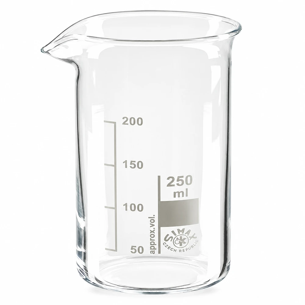 Kádinka 250ml z borosilikátového skla, vysoký tvar Messkrug Becherglas 250ml Borosilikatglas hohe Form mit präziser Volumenskala bis 200ml