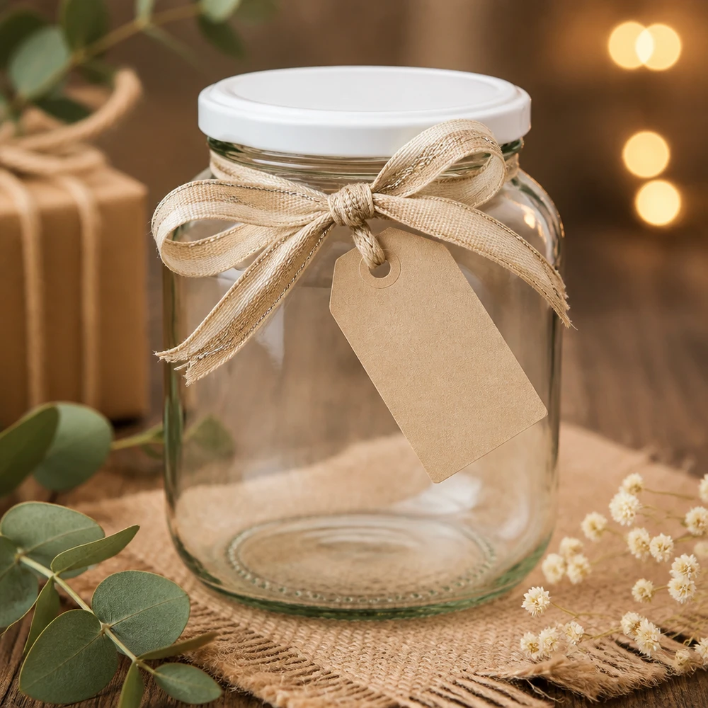 370ml oválná sklenice s víčkem BasicSeal bílá UNiTWIST 370ml Ovalglas UNiTWIST mit weißem Deckel dekorativ gestaltet mit Juteband und Geschenkanhänger als Geschenkidee