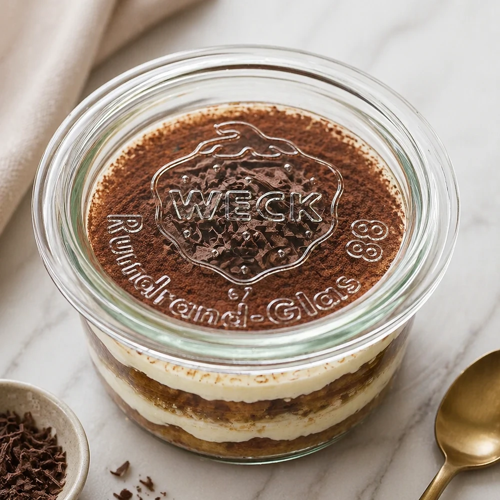 Víko na zavařování WECK RR80 WECK Glasdeckel RR80 auf Tiramisu-Dessert im Weckglas mit geprägtem Logo und Kakao-Bestäubung als Küchenszene