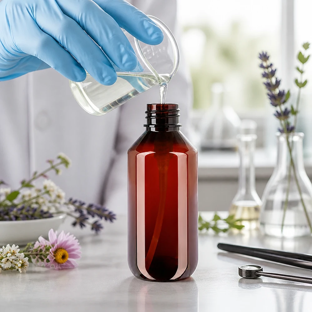 PET láhev 200ml s dávkovací pumpičkou černá Ruční plnění 200ml PET láhve jantarové barvy s černým dávkovacím čerpadlem v laboratoři