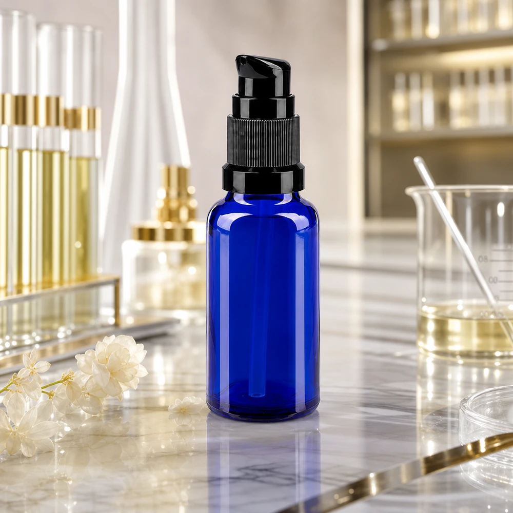 Lékárenská láhev modrá 20ml s uzávěrem pumpy černá standardní Lichtschutz Pumpflasche 20ml blau Apothekerglas schwarze Pumpe für empfindliche Wirkstoffe