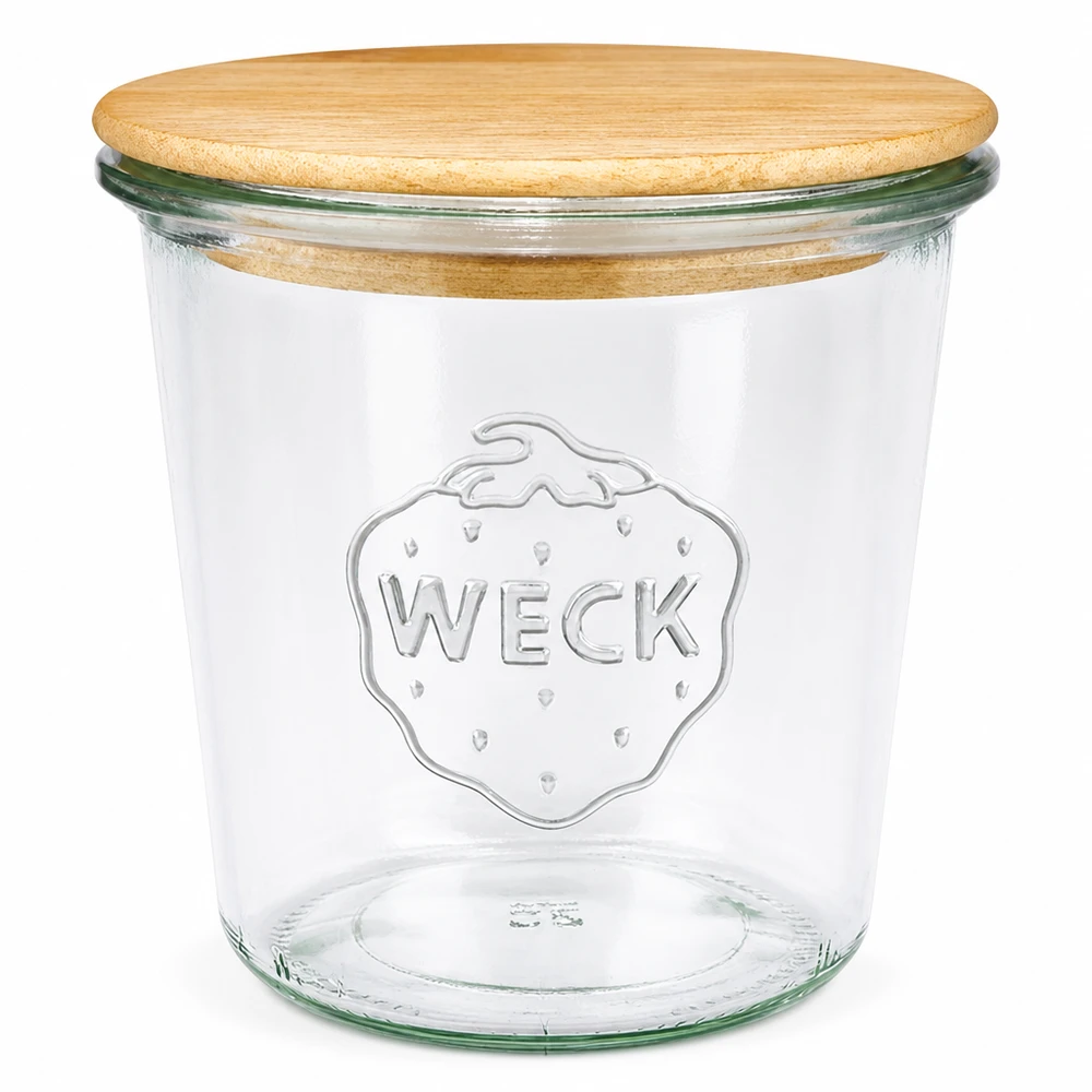 580ml tumblery WECK RR100 s dřevěným víkem buchta 580ml WECK Sturzglas RR100 mit natürlichem Holzdeckel, transparentes Einmachglas mit geprägtem Logo