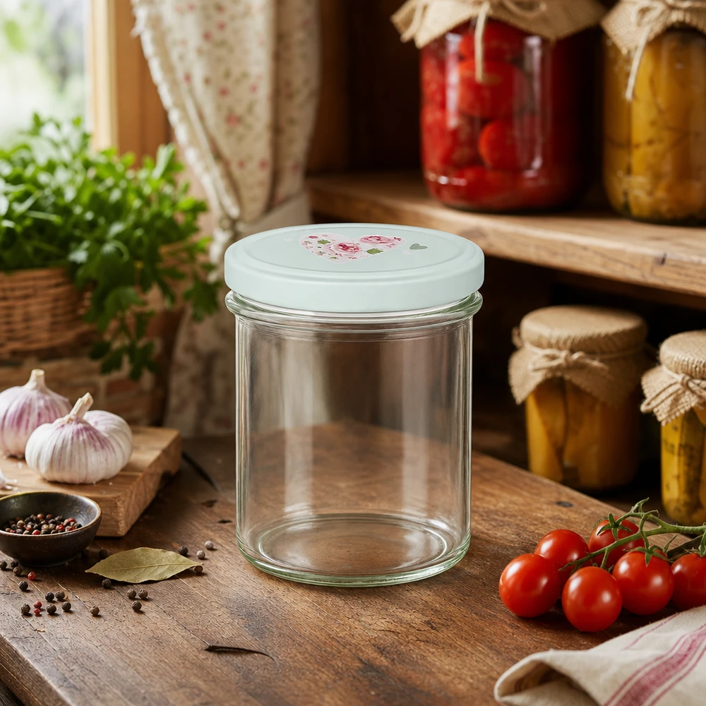 350ml kelímky + víčko BasicSeal srdíčková máta UNiTWIST Leeres 350ml Sturzglas mit BasicSeal Deckel Herz mint auf Holztisch umgeben von frischen Tomaten Knoblauch und Gewürzen