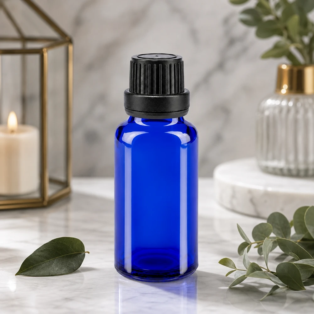 Lékárenská láhev modrá 20ml kapátko s nalévacím kroužkem 2mm černý tamper-evidentní uzávěr Nachfüllbare blaue Glasflasche 20ml mit Tropfeinsatz 2mm für Laboranwendungen und Kosmetik
