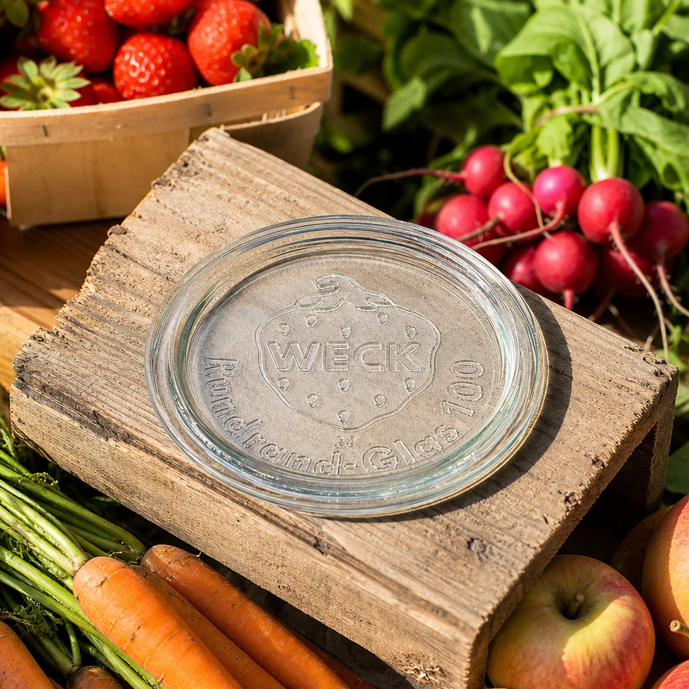 WECK Glasdeckel RR100 auf Holzbrett mit frischem Gemüse Obst und Erdbeeren im Garten Ambiente