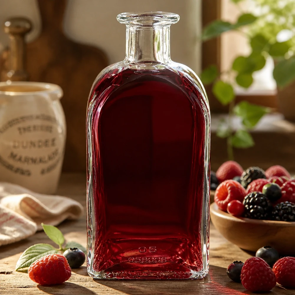 500ml Glasflasche "Julia" ohne Verschluss UNiTWIST Glasflasche Julia 500ml gefüllt mit roter Flüssigkeit umgeben von Beeren als Dekoration auf Holztisch