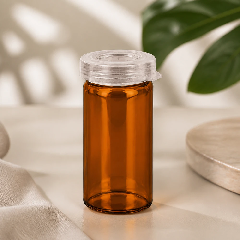 Stolní/rolovací nádobka s okrajem 5 ml čirá s nacvakávacím víčkem Zylindrisches Rollrandglas 5ml Braunglas mit aufklappbarem Kunststoffdeckel für Nahrungsergänzung