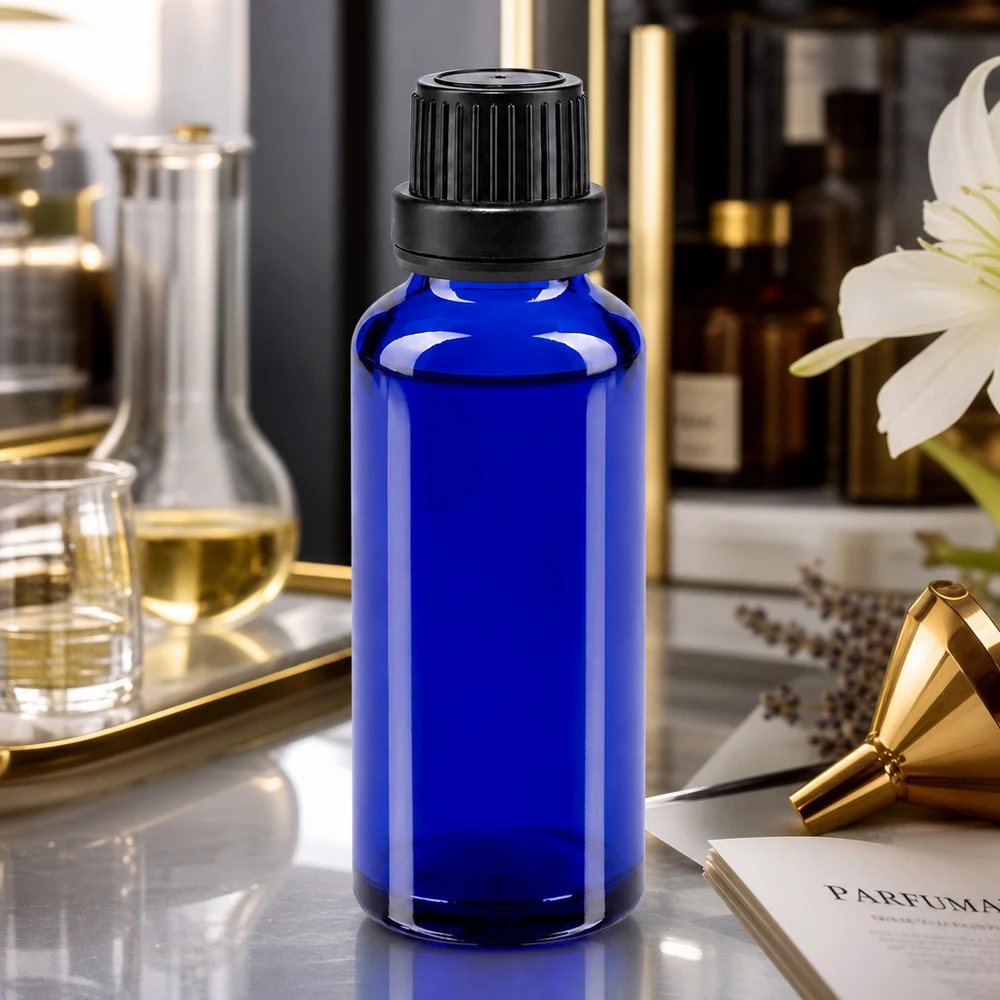 Zylindrische kobaltblaue 30ml Tropfflasche aus Apothekerglas mit schwarzem Dosierverschluss