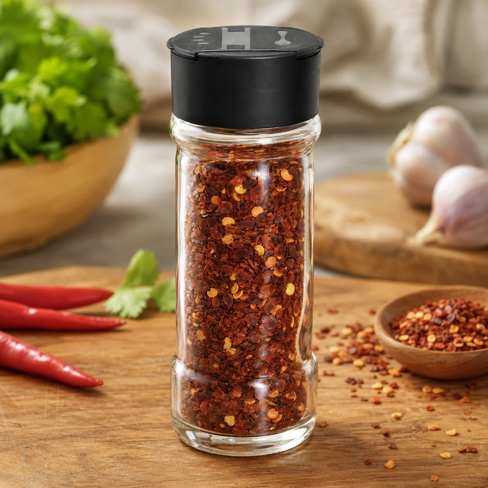 Rundes Gewürzglas 100ml mit Doppelstreuer schwarz auf Holzbrett mit Knoblauch und Kräutern