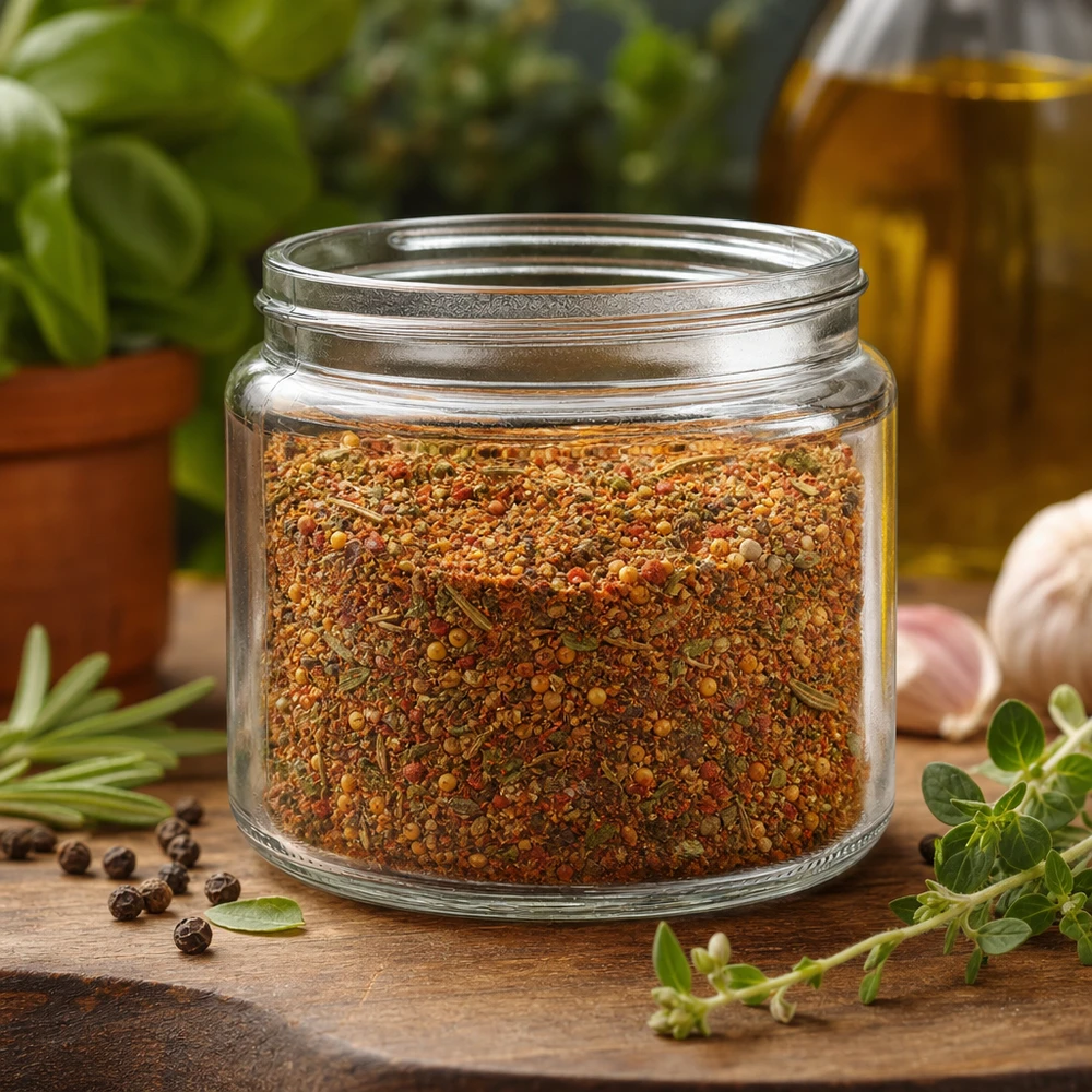 Dóza na mast (skleněná dóza) 250 ml čirá, bez víčka, závit 83 mm/R3 Glastiegel 250ml klar mit Gewürzmischung gefüllt umgeben von frischen Kräutern Knoblauch und Olivenöl Küchendeko