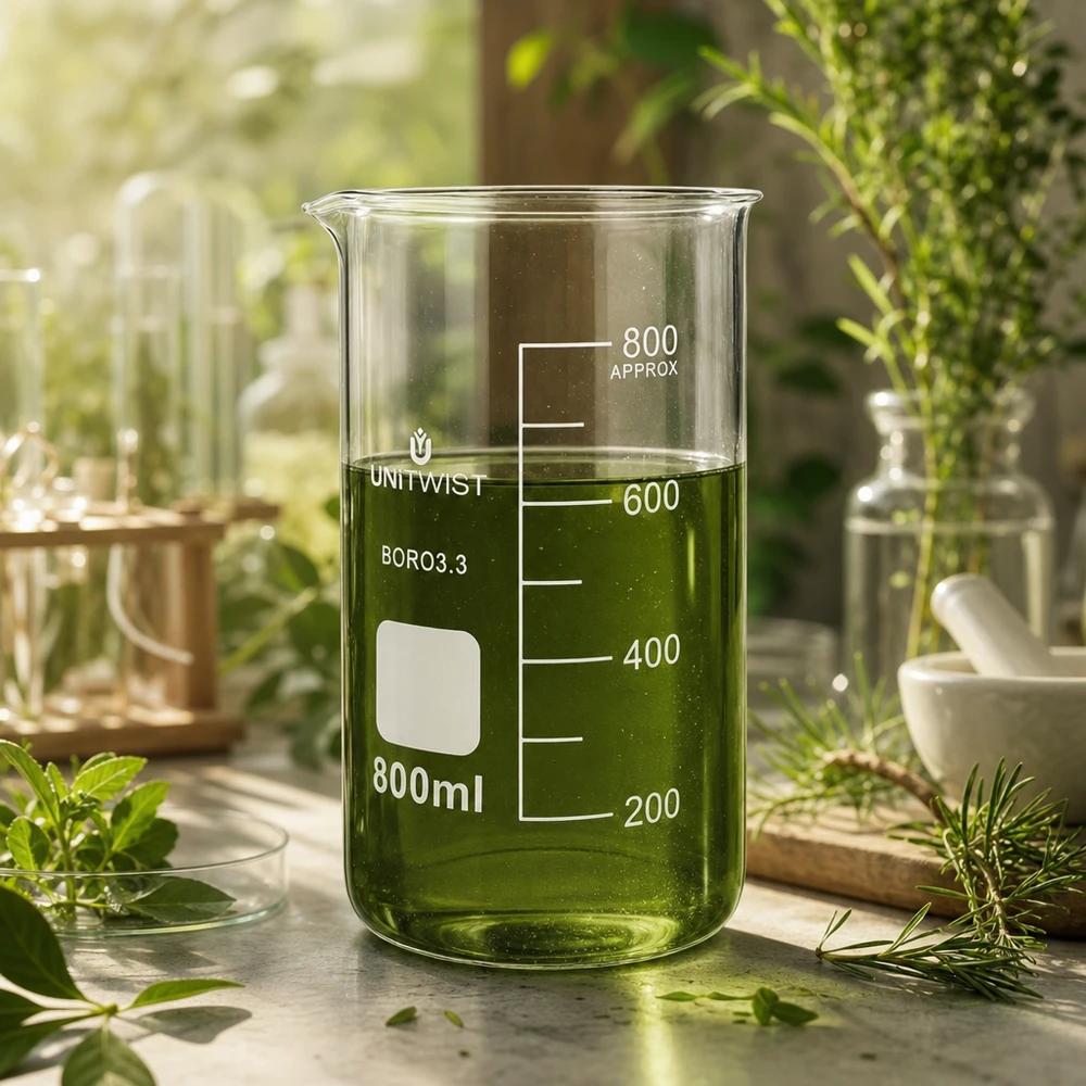 Kádinka 800 ml borosilikátová, vysoká forma UNiTWIST Borosilikat Becherglas UNITWIST 800ml hohe zylindrische Form mit grüner Pflanzenlösung
