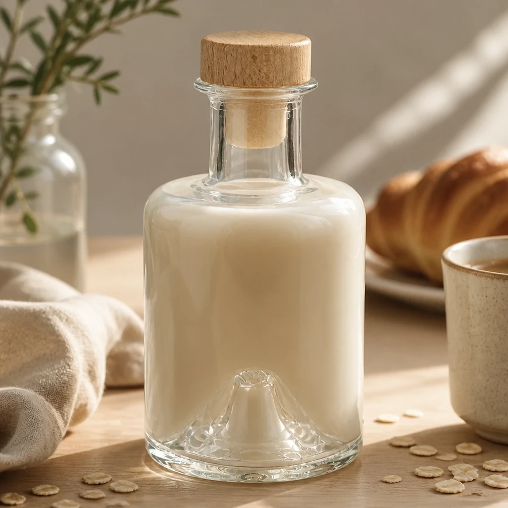 200ml Glasflasche "Sofia" mit Holzgriff-Korken UNiTWIST 200ml Glasflasche Sofia mit Holzkorken gefüllt mit cremiger Hafermilch in natürlichem Küchenambiente mit Haferflocken