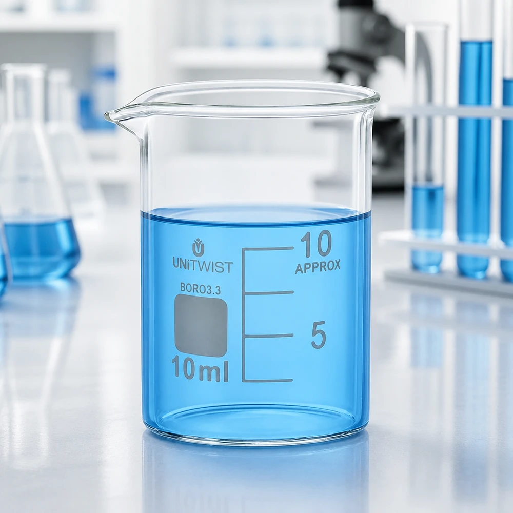 Kádinka 10 ml borosilikátová, nízká forma UNiTWIST Kleines Messbecherglas 10ml niedrige Form mit weißer Milliliter-Markierung APPROX