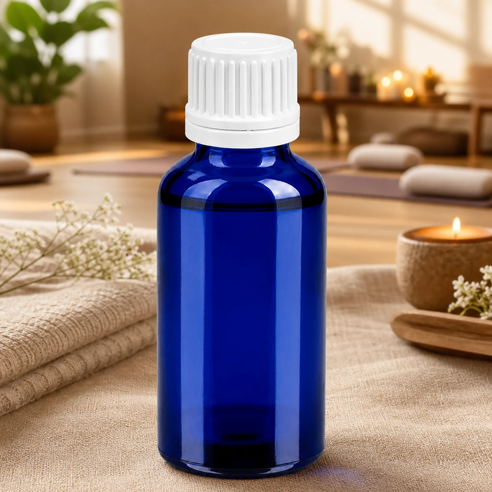 30ml láhev 11mm šroubovací uzávěr bílý uzávěr s ochranou proti manipulaci BlueLine UT18/30 Premium 30ml Glasflasche in Kobaltblau mit weißem Verschluss für lichtempfindliche Substanzen