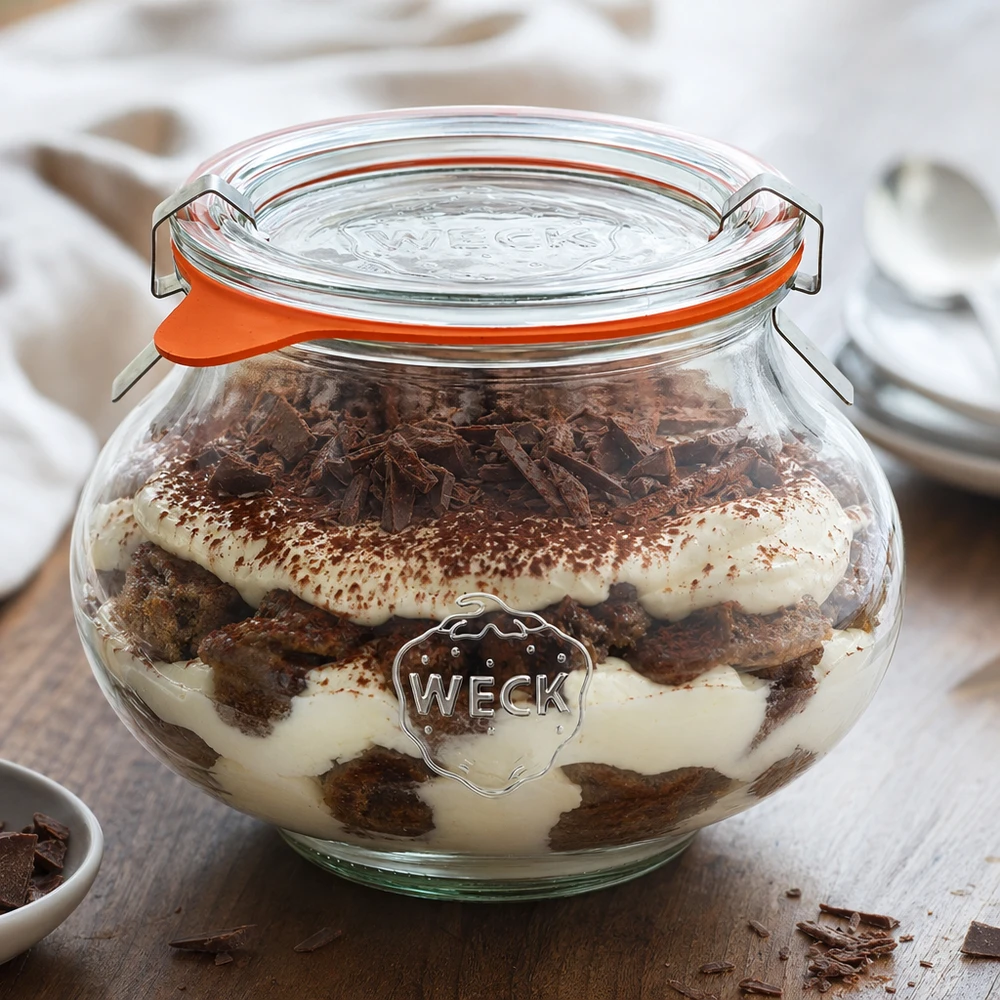 560ml dóza na šperky kompletní WECK RR80 WECK Einmachglas 560ml gefüllt mit Tiramisu Dessert, Demonstration der praktischen Verwendung als Vorratsglas