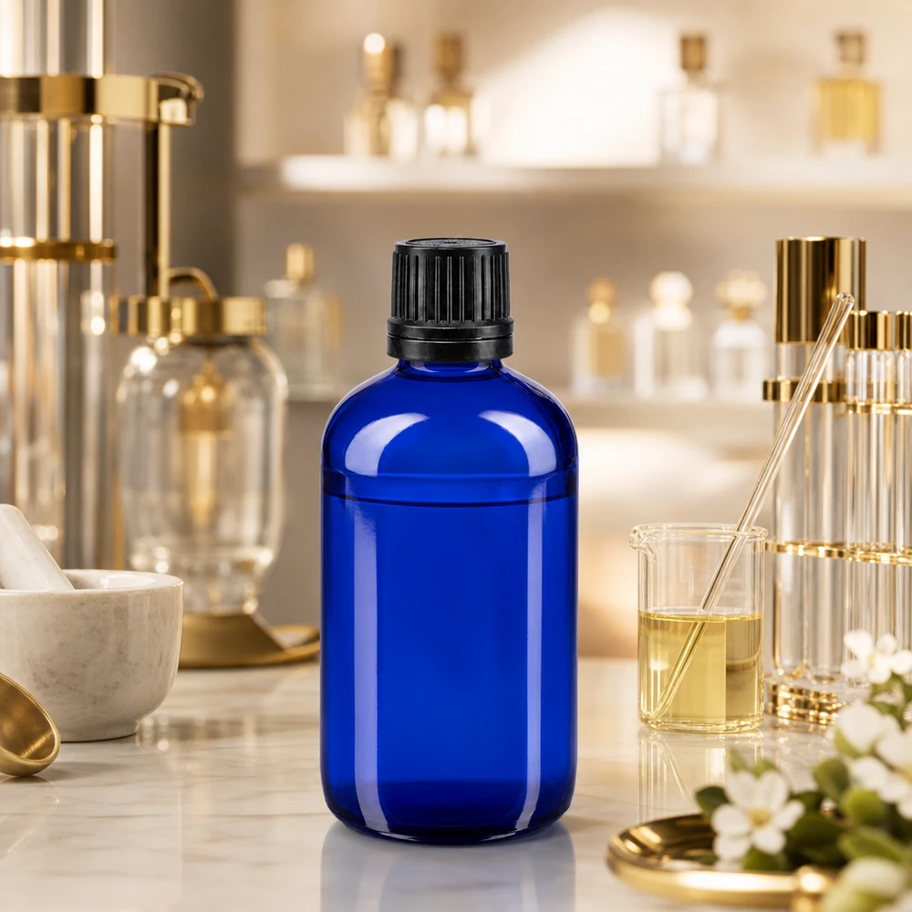 Lékárenská láhev modrá 100ml šroubovací uzávěr černý nalévací kroužek nedovolená manipulace s uzávěrem. Rundschulter-Apothekerflasche 100ml blau mit schwarzem Kindersicherheitsverschluss