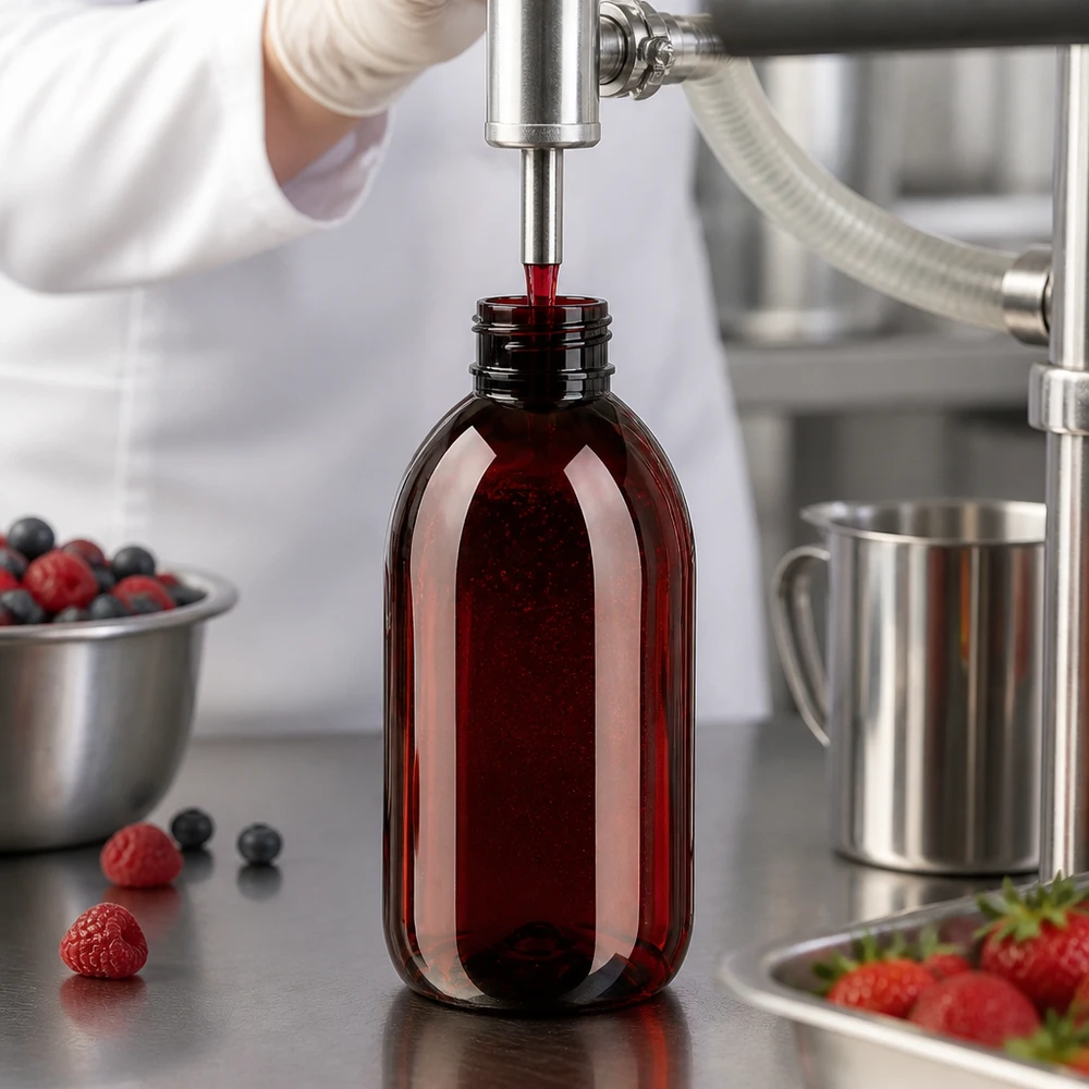 Plnění extraktu z červených bobulí do 250ml PET lahví s bezpečnostním uzávěrem