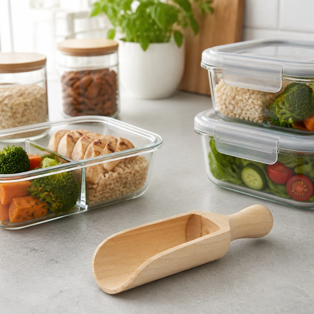 Dřevěná lopatka velikosti M půlkulatý tvar - délka 140 mm - zde. Holzschaufel M 14cm halbrund auf Küchenarbeitsplatte mit Meal-Prep-Containern und Aufbewahrungsgläsern im Hintergrund