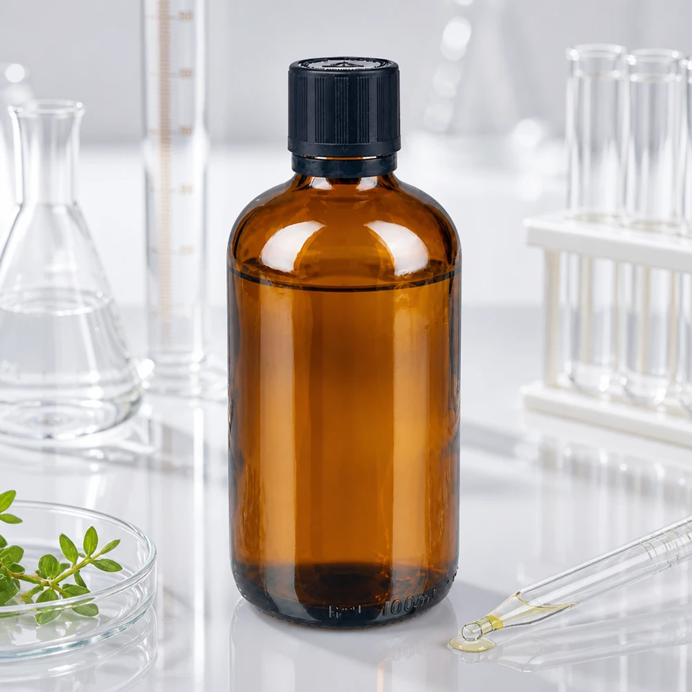 Lékárenská láhev hnědá 100ml kapací uzávěr Premium 1mm černý Dětem odolný výstražný symbol proti manipulaci Uzávěr proti manipulaci. 100ml Tropfflasche aus Braunglas mit originalitätsgesichertem Verschluss neben Petrischale mit Heilkräutern