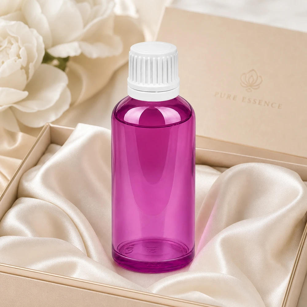 Kompakte 50ml Tropfflasche in lila transparent mit weißem Schraubverschluss für Reisezwecke
