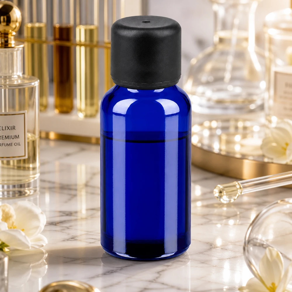 20ml láhev 6mm šroubovací uzávěr černá Standard BlueLine UT18/20 Violettglas Flasche 20ml mit UV-Schutz Eigenschaften und schwarzem 6mm Verschluss für Naturkosmetik
