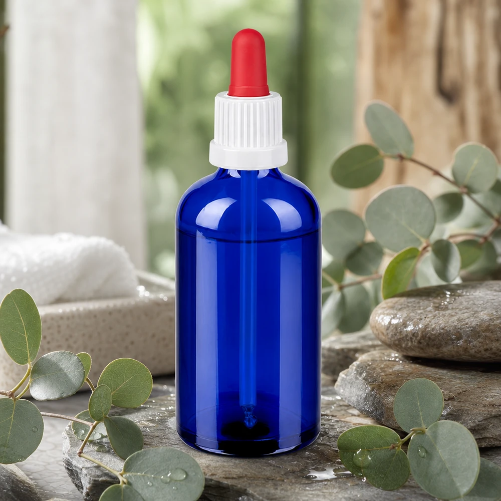 100ml pipetovací láhev černá bílá/červený uzávěr s ochranou proti manipulaci BlueLine UT18/100 Stilvolle blaue Glasflasche mit Pipette 100ml Fassungsvermögen für professionelle Anwendungen