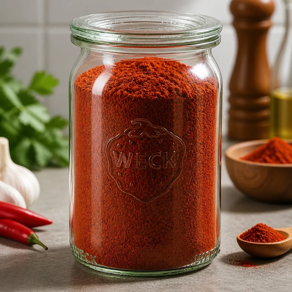 WECK 145ml Zylinderglas RR40 gefüllt mit rotem Paprikapulver in Küchenszenerie mit Gewürzen und Chilischoten