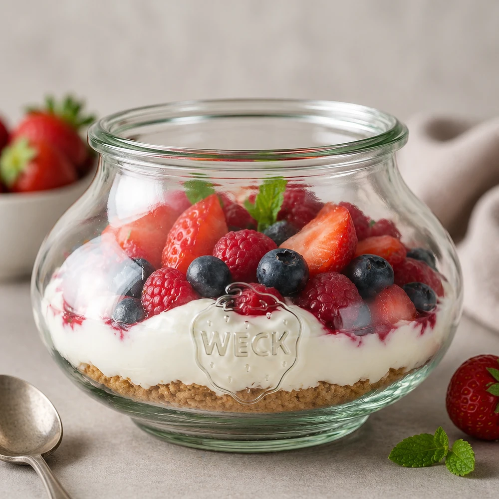 560ml dóza na šperky WECK RR80 s dřevěným dřevem WECK Schmuckglas 560ml RR80 als elegantes Dessertglas mit Beerenmischung und Creme für stilvolle Tischdekoration