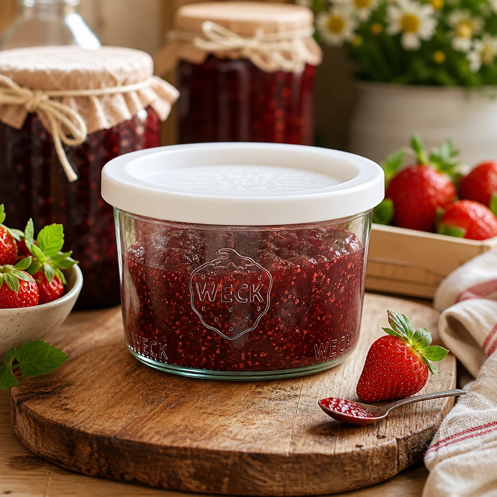 WECK RR80 Einmachglas 200ml gefüllt mit Erdbeermarmelade auf rustikalem Holzbrett neben frischen Erdbeeren