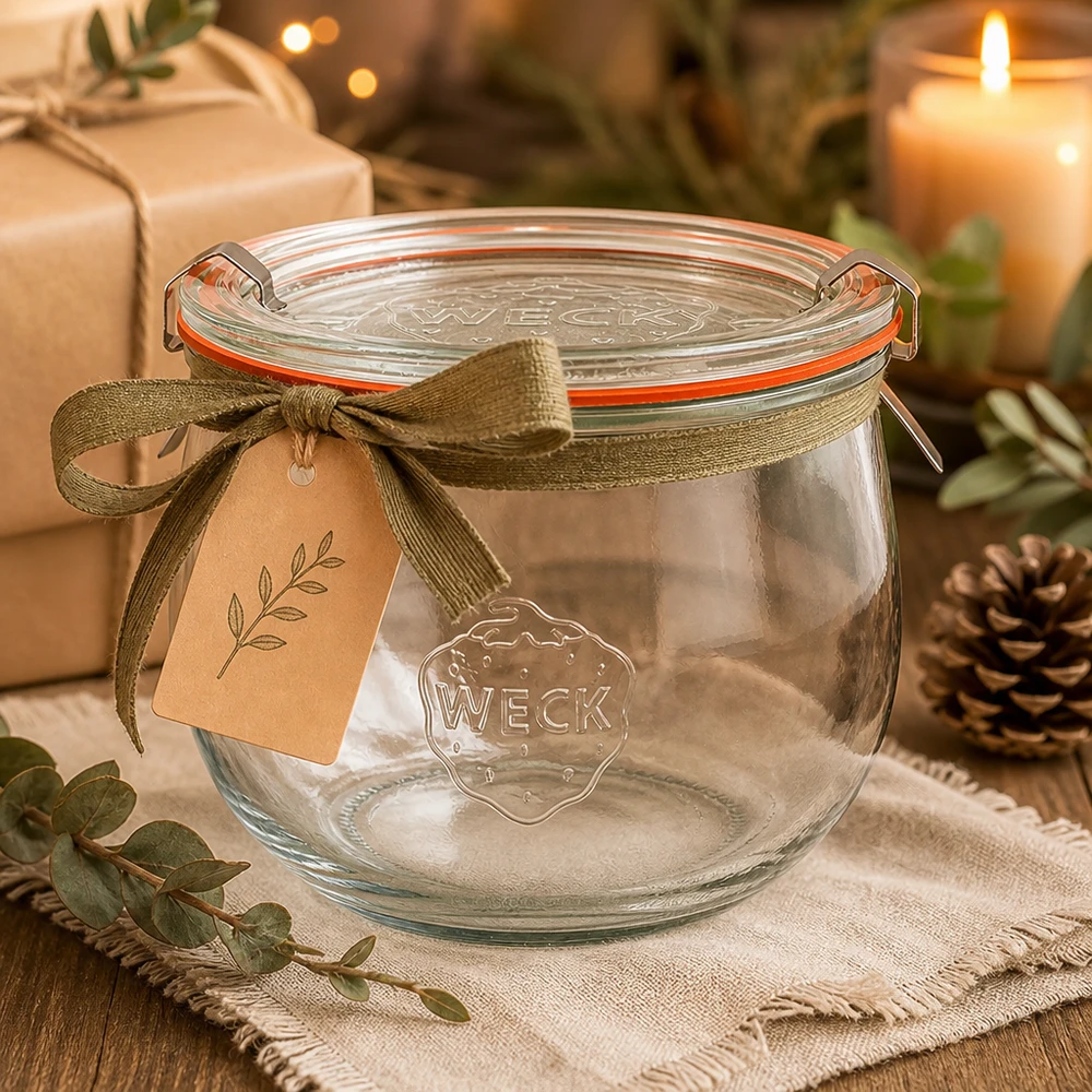 580ml tulipánová sklenice kompletní WECK RR100 WECK Tulpenglas 580ml RR100 leer als Geschenkidee mit Schleifenband und Anhänger in gemütlicher Weihnachtsdeko