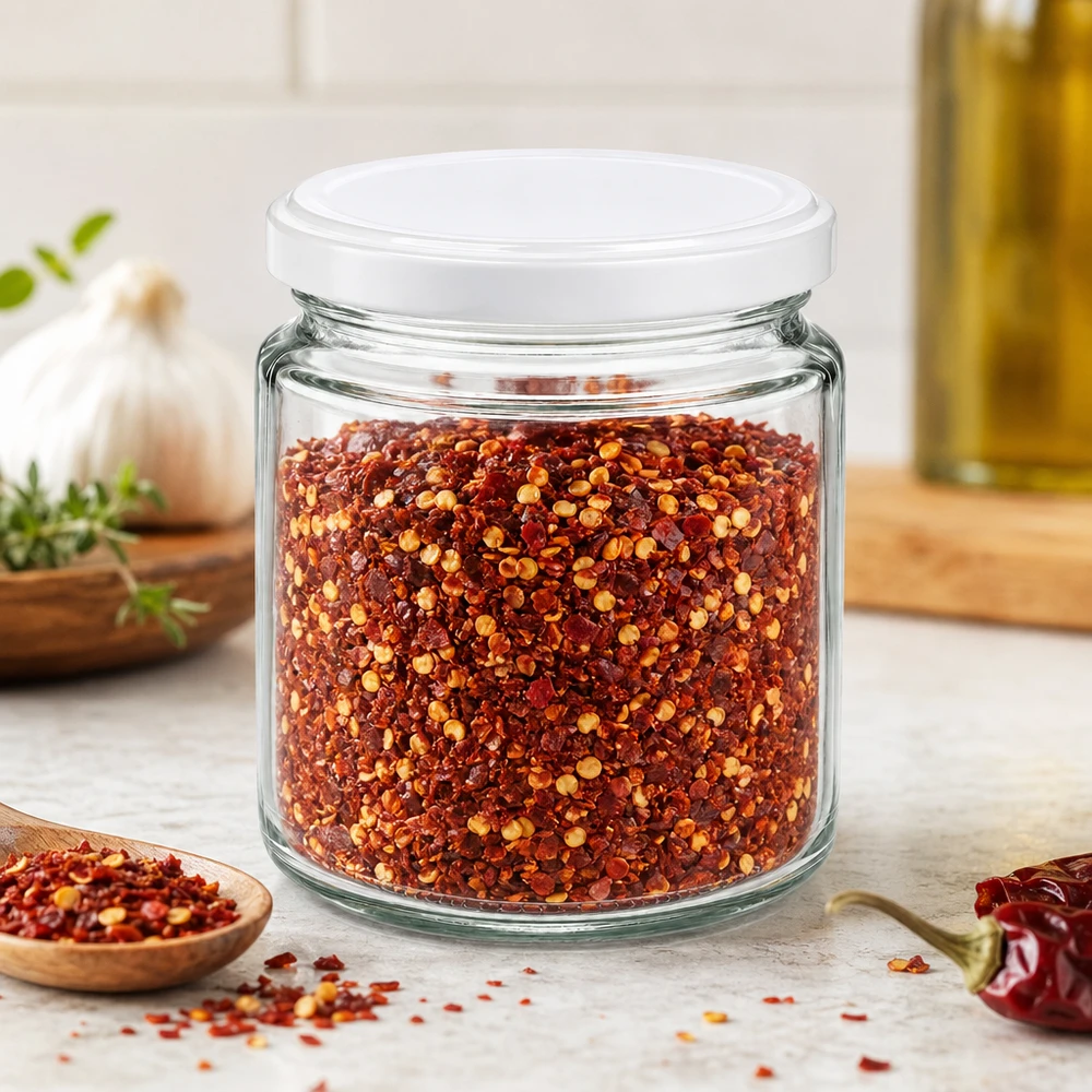 350g Honigglas + BasicSeal Deckel weiß UNiTWIST 250ml Honigglas mit weißem BasicSeal Deckel gefüllt mit roten Chili-Gewürzflocken in mediterraner Küchenszene