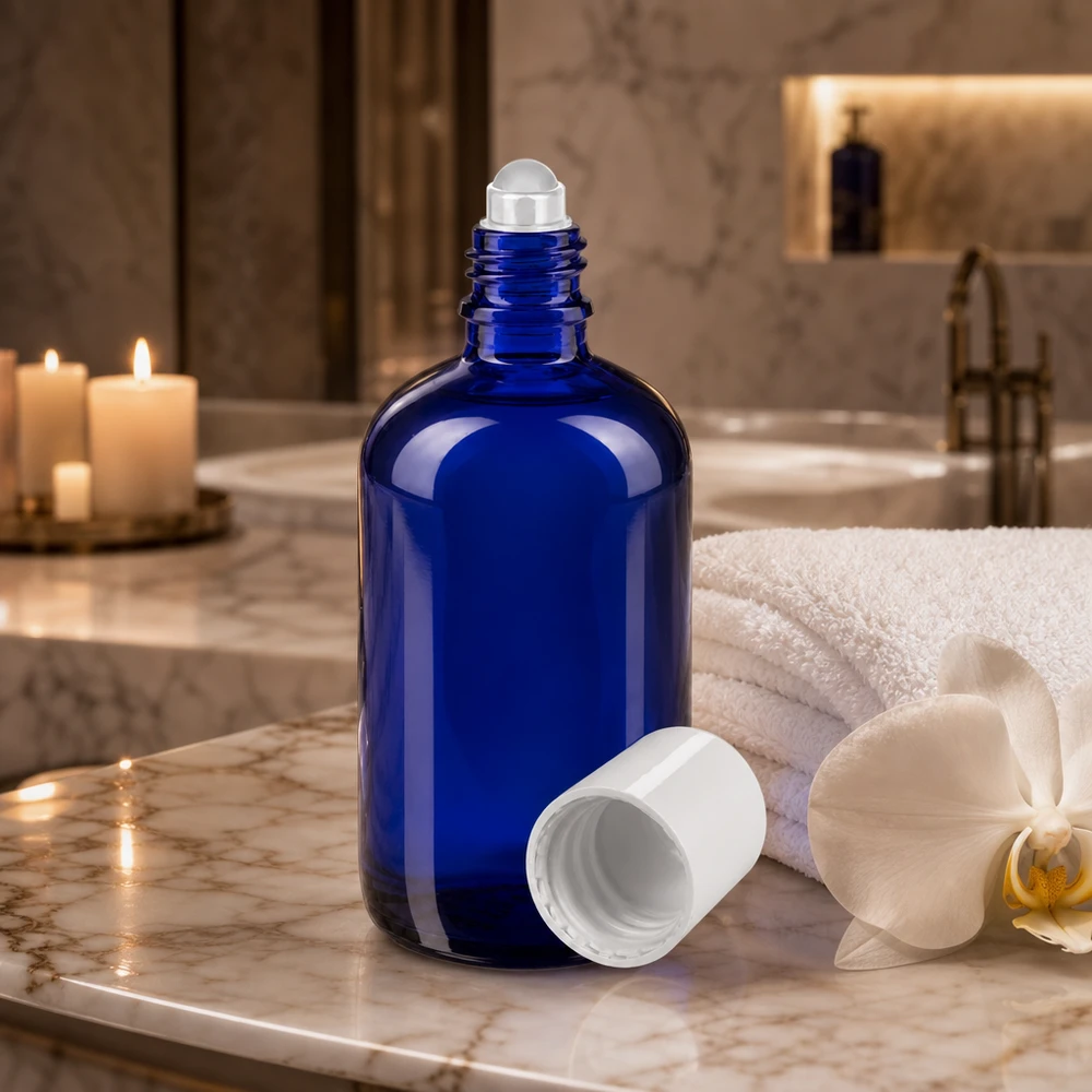 Lékárenská lahvička modrá 100ml roll-on s uzávěrem bílá Runde 100ml Flasche aus blauem Apothekerglas mit kugelförmigem Rollaufsatz und weißem Deckel