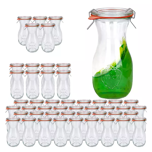 Sada 48 sklenic Weck 290ml na džus se 48 skleněnými víčky. Sada 48 sklenic Weck 290ml na džus se 48 skleněnými víčky.