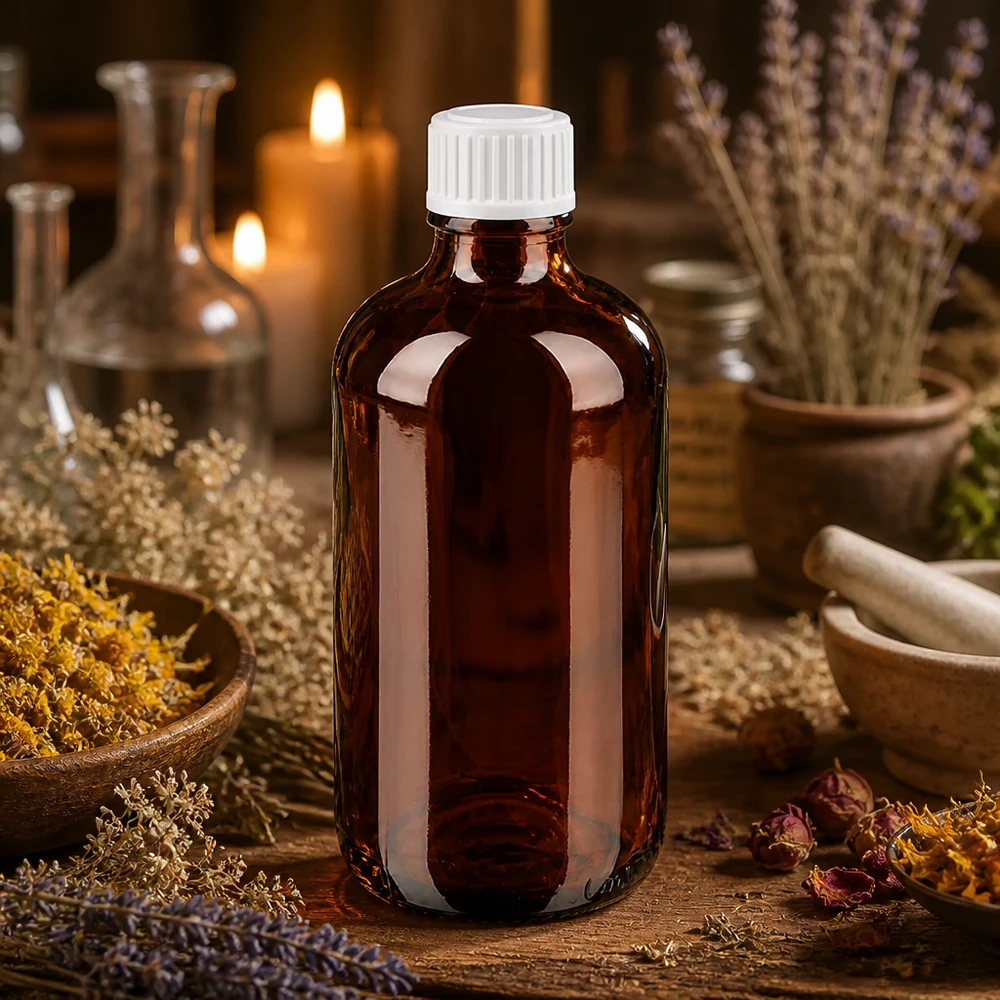 Lékárenská láhev hnědá 100ml šroubovací uzávěr bílá standardní Braune Medizinflasche aus Glas 100ml mit weißem Kunststoffdeckel vor Kerzen und Lavendel