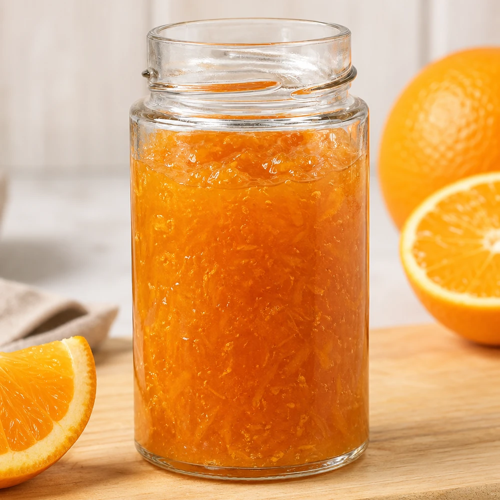 Kulatá sklenice o objemu 245 ml bez víčka (TO58deep) UNiTWIST UNiTWIST Runda245 Rundglas 245ml mit Orangenmarmelade gefüllt auf Holzbrett neben frischen Orangenscheiben
