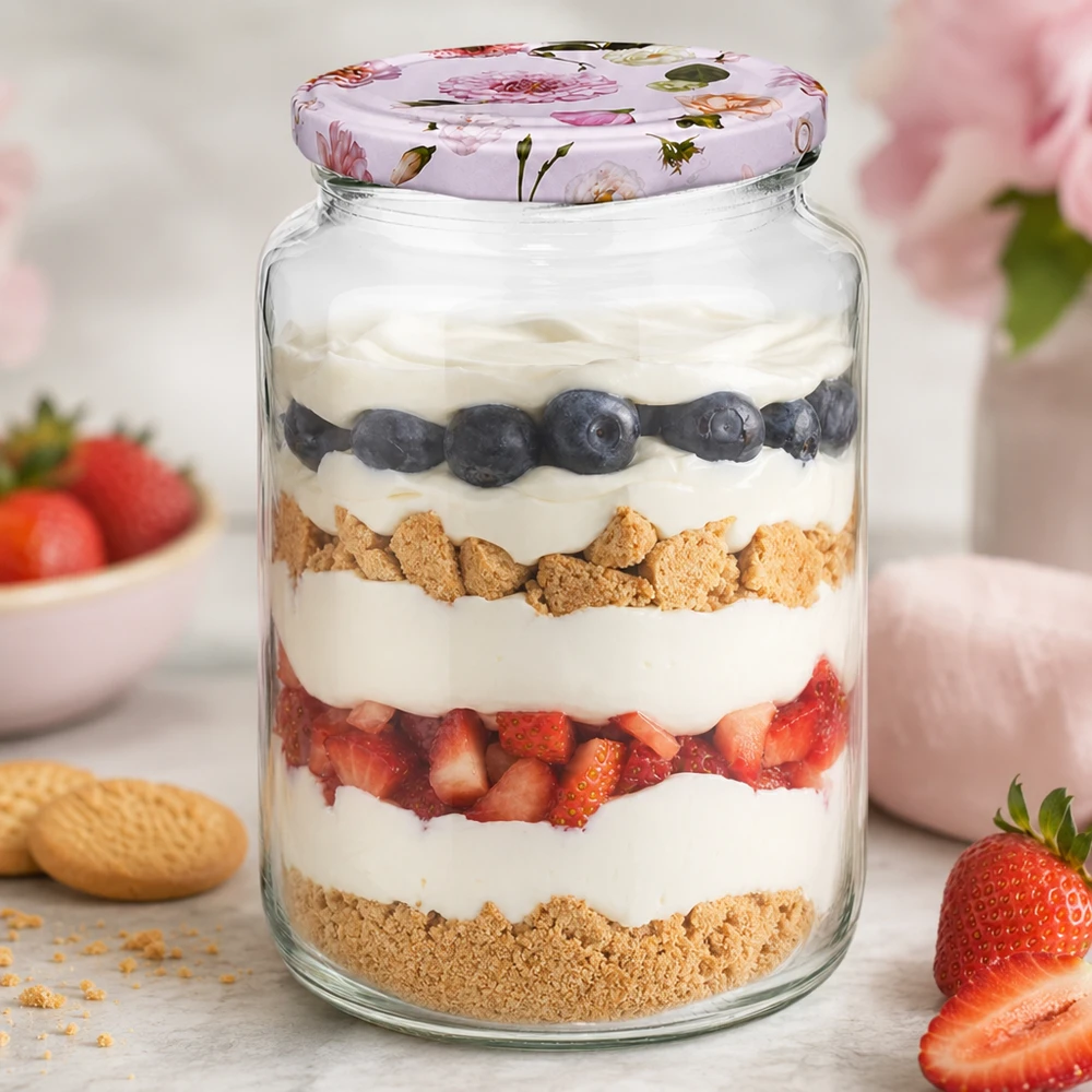 795ml kulatá sklenice + víčko BasicSeal flower pink UNiTWIST 795ml Rundglas mit Schichtdessert Joghurt Beeren Kekse BasicSeal Deckel rosa Blumen Dessertglas Küche