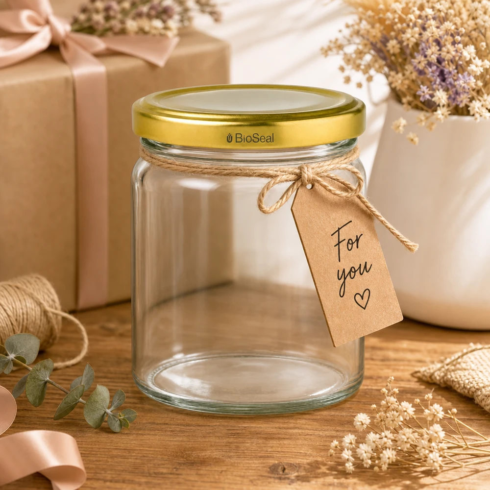Kulatá nádoba o objemu 408 ml se zlatým víkem UNiTWIST BioSeal. UNiTWIST Runda408 Vorratsglas mit goldenem TO82 BioSeal Deckel als Geschenk mit Schleife und Geschenkanhänger