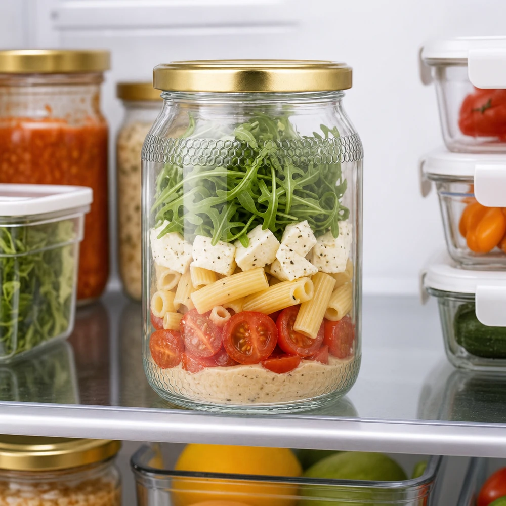 900ml Honigglas als Meal-Prep-Container im Kühlschrank - goldener Deckel für Salataufbewahrung und Vorratshaltung