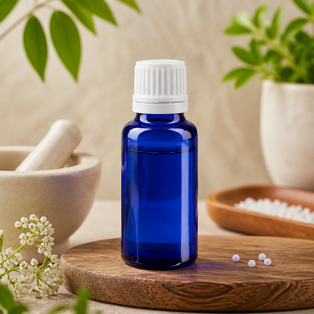 Blaue Apothekerflasche 20ml mit weißem Schraubverschluss als Behälter für ätherische Öle und Tinkturen